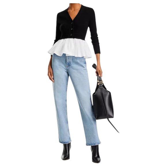 NWT AQUA Cashmere V-Neck Twofer Black White M Bloomingdale’s Best Seller - Picture 10 of 12